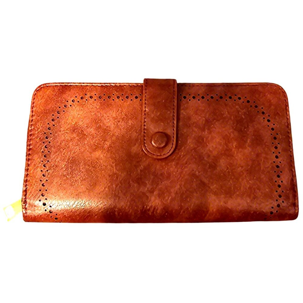 Brown/Red Faux Leather Accordion Wallet With Snap Closure & Zipper Compartments